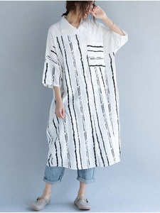 2018 Stripe Linen Cotton Loose Shirt Dress