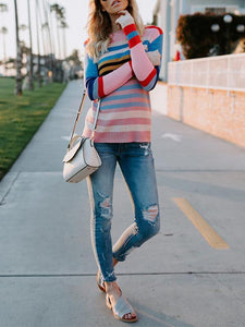 Colorful Stripe Round Neck Long Sleeve Sweater