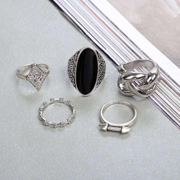 Vintage Big Black Stone Midi Ring Set Boho Antique Silver Color Knuckle Female Rings