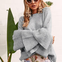 Load image into Gallery viewer, Knit Round Neck Ruffle Sleeve Grey Sweater