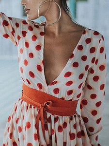 Fashion Polka-dot V-Neck Long Sleeves Maxi Dress
