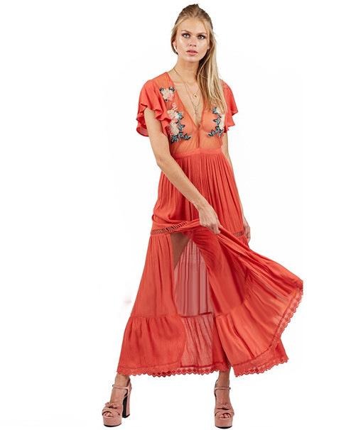 Bohemian High Waist Petal Sleeve Deep V Neck Maxi Dress