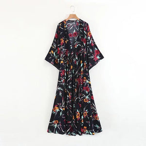 Bohemian Kimono Holiday Beach Floral  Vintage Gypsy Folk Maxi Long Dress