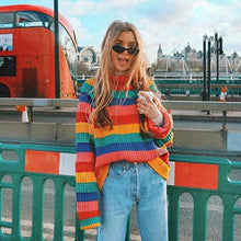 Load image into Gallery viewer, Rainbow Turtleneck Winter Jumpers Knitted Striped Oversize Pullover Sweater