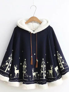 Xmas Women loose cloak type tassel lace up hoodies jackets bohemian Christmas print cape coat 2017 new