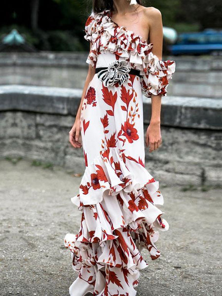 Floral Print Ruffle Oblique Shoulder Maxi Dress