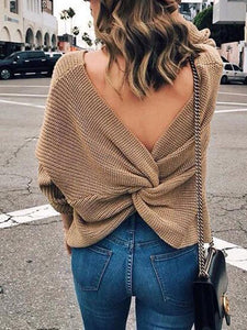 2018 Solid Color Long Sleeve Backless Sweater