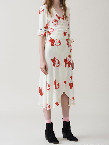 FLORAL HALF-SLEEVE V-NECK LONG DRESS