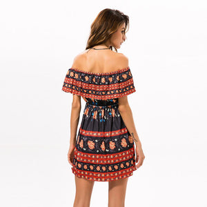 Off shoulder Tribal Floral Summer High Waist Beach Sexy Mini Dress