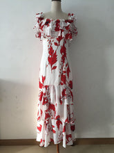 Load image into Gallery viewer, Floral Print Ruffle Oblique Shoulder Maxi Dress