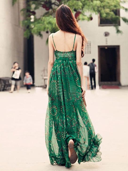 Green Chiffon Floral-Print Straps V Neck Bohemian Beach Maxi Dress ...