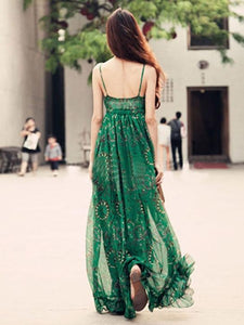 Green Chiffon Floral-Print Straps V Neck Bohemian Beach Maxi Dress