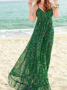 Green Chiffon Floral-Print Straps V Neck Bohemian Beach Maxi Dress