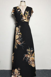 Print V Neck Short Sleeve Split Maxi Dress