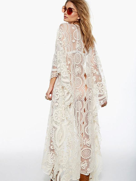 Fashion Sexy Mesh Lace V Neck Beach Maxi Dress