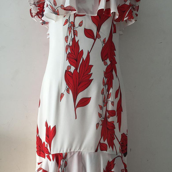 Floral Print Ruffle Oblique Shoulder Maxi Dress