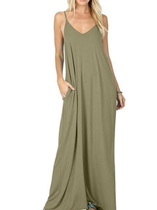 Summer Spaghetti Strap Pocket Plain Maxi Dress