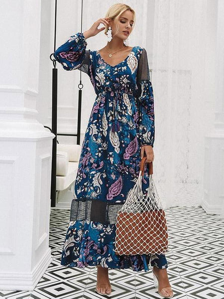 Floral Print V Neck Long Sleeve Beach Maxi Dress