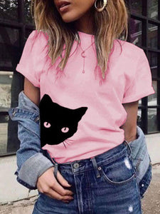 Cat Pattern Printed Crew Neck Slim Short Sleeve T-shirt