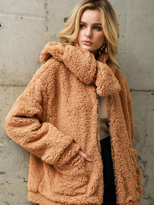 Women's Warm Faux Fur Loose Plush Scarf Coat Casual Solid Outwear Jackets With Pockets