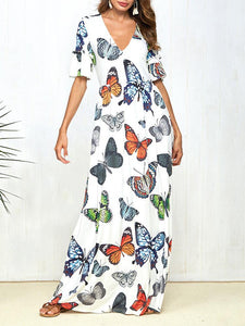 Print Butterfly Short Sleeve V-neck boho long Dress