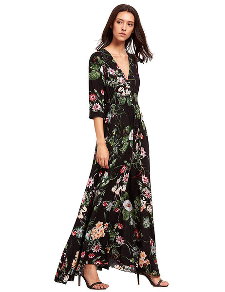 Button Up Split Floral Print Party Dress