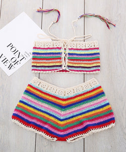 Colorful Stripes Hand Hook Beach Sexy Holiday Sunscreen Top Shorts Skirt Suit