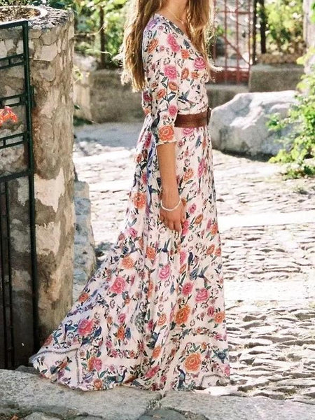 Boho Floral Sexy V-neck Sleeve Maxi Chic bohemi Long Dress