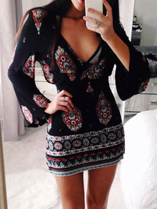 Spring Women's Fashion Printed V-neck Horn Long Sleeve Retro Style Party Sexy Dress