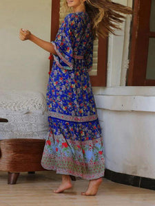 Bohemian Printed Waist V-Collar Chiffon Beach Ladies Loose Long Dresses