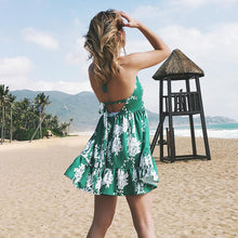 Load image into Gallery viewer, Sweet Bohemian Lace-up Backless Floral Green Mini Dress