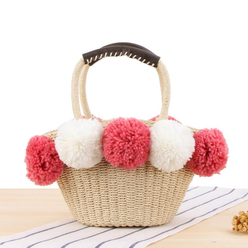 Casual Woven Big Wool Ball Beach Straw Handbag