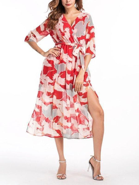 Chiffon V Neck Half Sleeve Belted Beach Boho Midi Dress