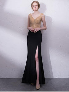 Black V-Neck Lady Elegant Tailing Banquet Dress