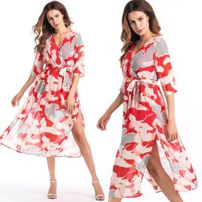 Chiffon V Neck Half Sleeve Belted Beach Boho Midi Dress