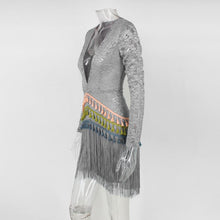 Load image into Gallery viewer, Hook Flower Hollow Tassel Deep V Long Sleeve Stitching Mini Dress