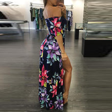Load image into Gallery viewer, Boho Floral Print Off Shoulder Side Slit Maxi Dress