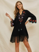 Load image into Gallery viewer, Women&#39;s Lace Up V-neck Flared Sleeve Ethnic Embroidery Bohemian Dress