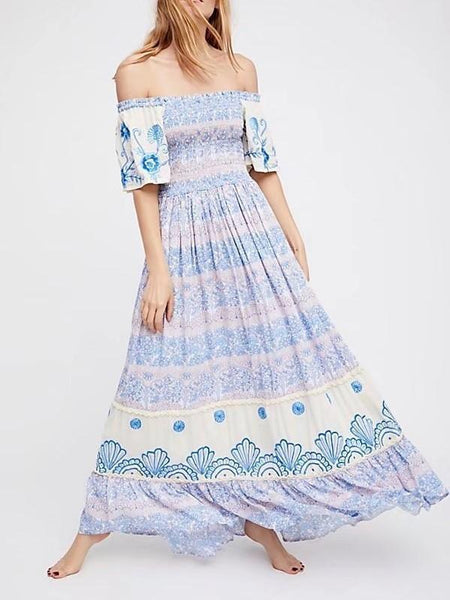 2018 New Printed Off Shoulder Beach Boho Maxi Long Dress