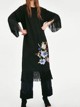 Load image into Gallery viewer, Round Neck Long Sleeve Tassel Flower Embroidered Casual Midi Dress
