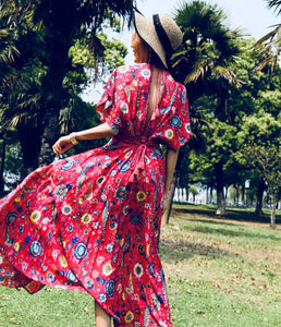 Floral V Neck Short Sleeve Bohemia Maxi Dress