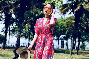 Floral V Neck Short Sleeve Bohemia Maxi Dress