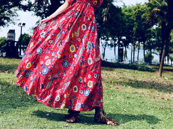 Floral V Neck Short Sleeve Bohemia Maxi Dress