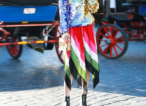 Gorgeous Peacock Elegant Diagonal Stripe Swallowtail Pleated Skirt