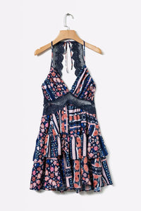 Boho Floral Print Summer Lace-up Ruffles V-neck Mini Dress