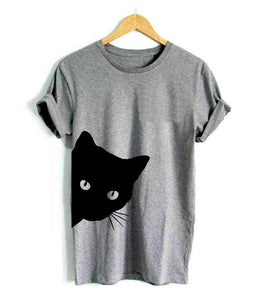Cat Pattern Printed Crew Neck Slim Short Sleeve T-shirt