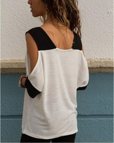 Summer Tshirt for Women New Fashion Sexy Off Shoulder V-Neck T-Shirt Women Black White Patchwork Top Tees