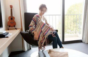 Ethnic Bohemian Striped Long Sleeve Tassel Knitted Cardigan Sweater