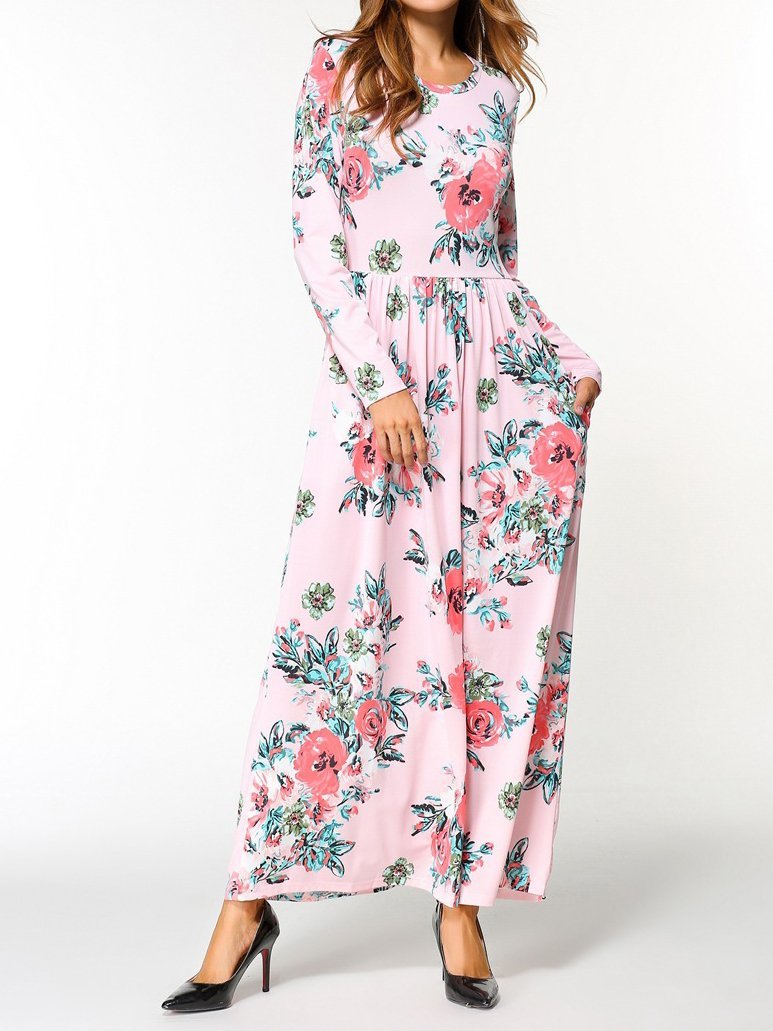 Elegant Floral Print Long Sleeve Round Neck Bohemia Maxi Dress