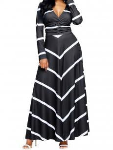 Stripe V Neck Long Sleeve High Waist Maxi Long Dress